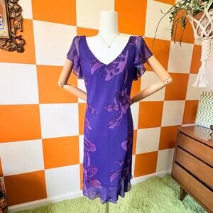 NWT Y2K Vintage Monochrome Purple Floral Print Silk Mini Flutter Sleeve Dress